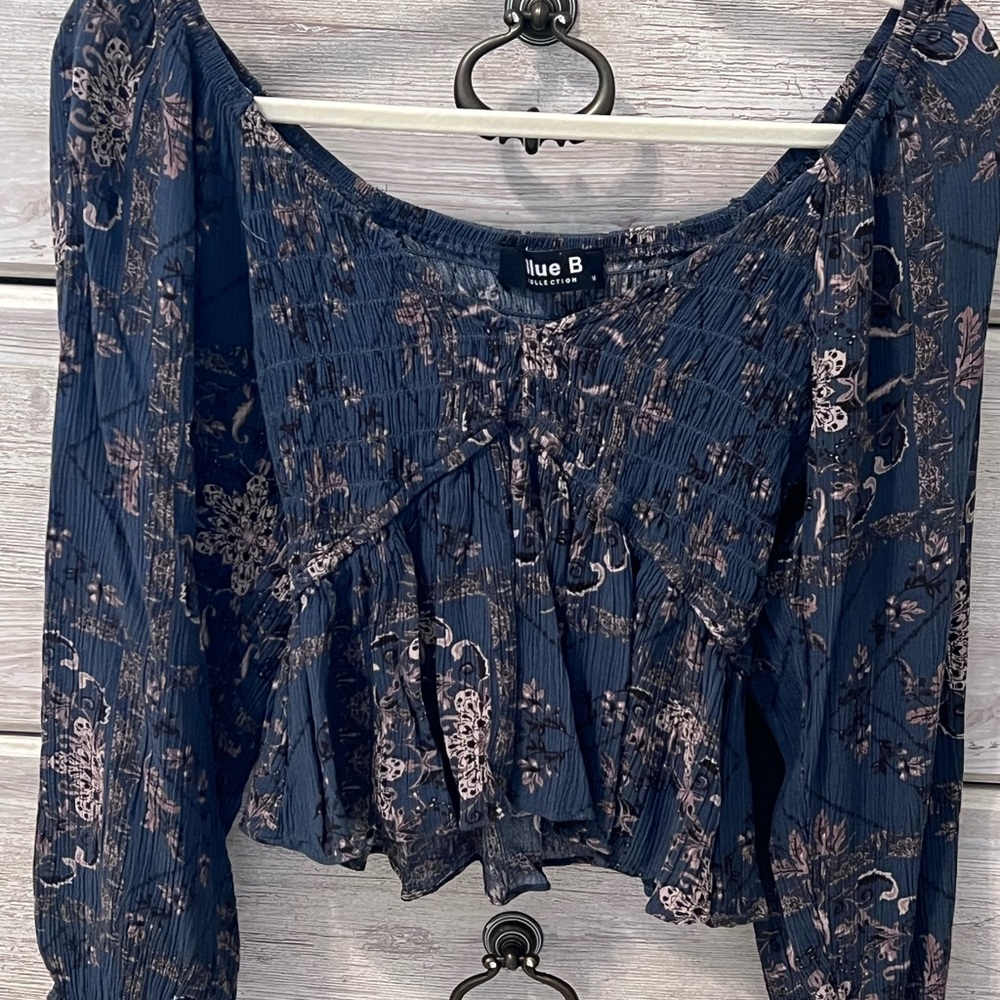 Blue Smocked Blouse with Ruffled 3/4 Sleeves